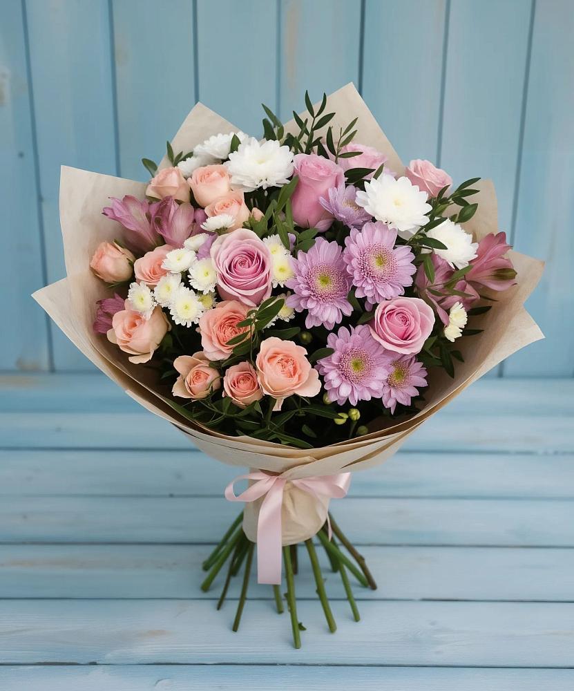Букет цветов из: Хризантемы, Розы и Альстромерии в Усть-Луга
